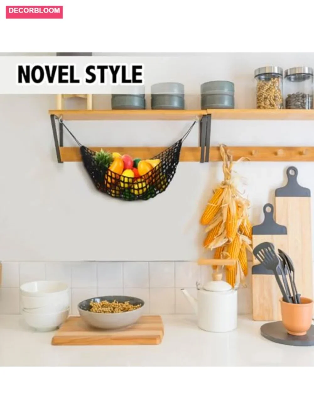 2 Pcs Large Macrame Fruit Hammock Under Cabinet Hanging Basket Handwoven